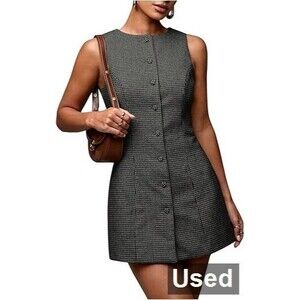 SOLY HUX Plaid Button Down, Crew Neck Sleeveless Tie Back Dress, XL, Grey
